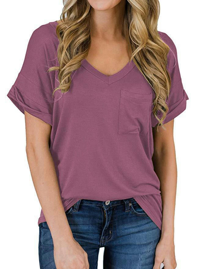 Women's Summer Short Sleeve V Neck T Shirts Pocket Loose Casual Tee Tops