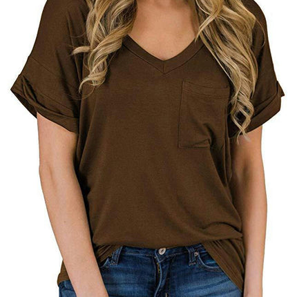 Women's Summer Short Sleeve V Neck T Shirts Pocket Loose Casual Tee Tops