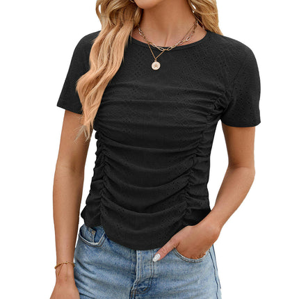 Women's Short Sleeve Tops Crew Neck Summer Shirts Pleated Fitted T Shirts