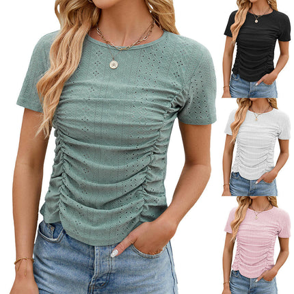 Women's Short Sleeve Tops Crew Neck Summer Shirts Pleated Fitted T Shirts