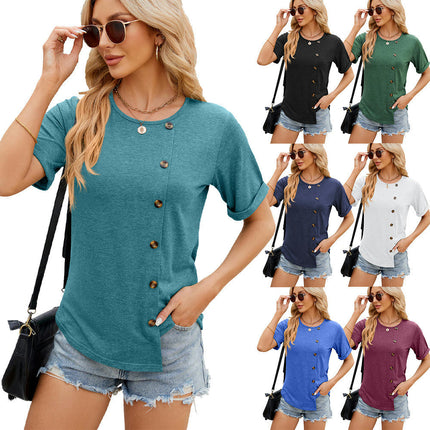 Women's Casual Short Sleeve Round Neck Button Down Loose Tunic T Shirt Tops