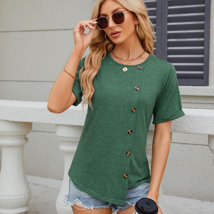 Women's Casual Short Sleeve Round Neck Button Down Loose Tunic T Shirt Tops