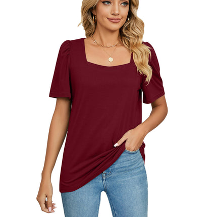 Women's Tops Casual Puff Short Sleeve Square Neck Shirts Loose Blouse