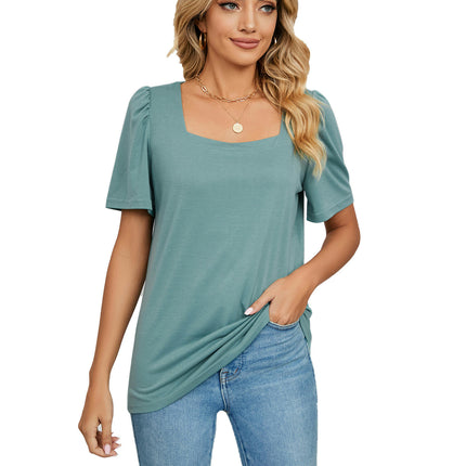 Women's Tops Casual Puff Short Sleeve Square Neck Shirts Loose Blouse