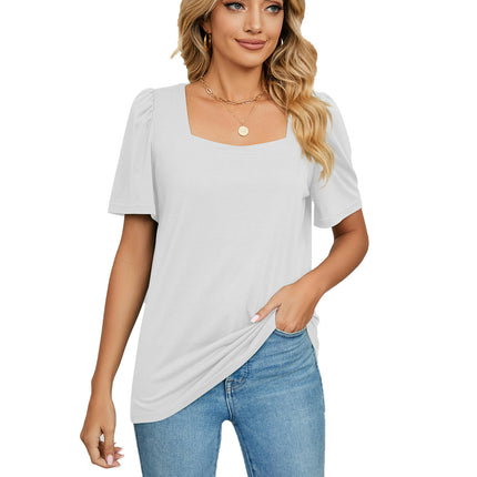 Women's Tops Casual Puff Short Sleeve Square Neck Shirts Loose Blouse