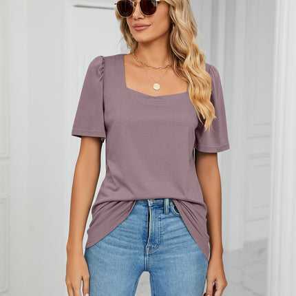 Women's Tops Casual Puff Short Sleeve Square Neck Shirts Loose Blouse