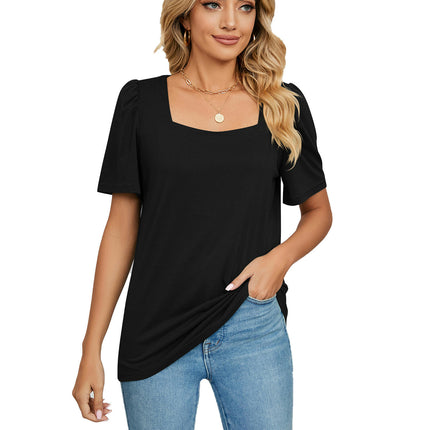 Women's Tops Casual Puff Short Sleeve Square Neck Shirts Loose Blouse