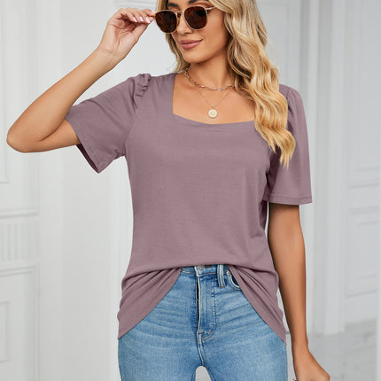 Women's Tops Casual Puff Short Sleeve Square Neck Shirts Loose Blouse