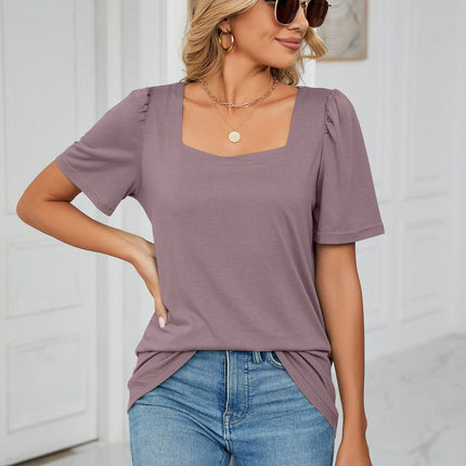 Women's Tops Casual Puff Short Sleeve Square Neck Shirts Loose Blouse