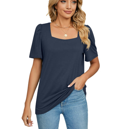 Women's Tops Casual Puff Short Sleeve Square Neck Shirts Loose Blouse