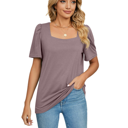 Women's Tops Casual Puff Short Sleeve Square Neck Shirts Loose Blouse