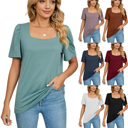 Women's Tops Casual Puff Short Sleeve Square Neck Shirts Loose Blouse