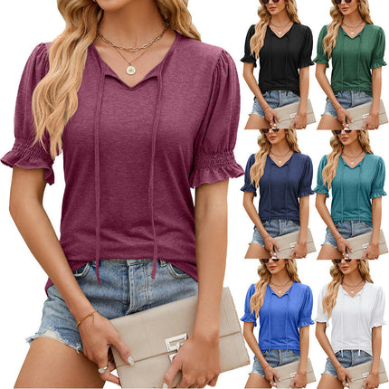 Women's Tops V Neck Summer Puff Sleeve Tshirts Casual Blouse