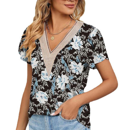 Women's Short Sleeve Lace V Neck Shirts Floral Print Tunic Tops Blouses