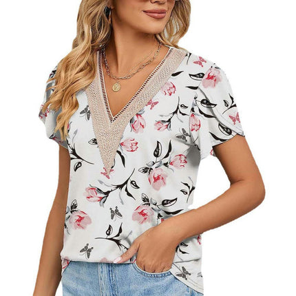 Women's Short Sleeve Lace V Neck Shirts Floral Print Tunic Tops Blouses