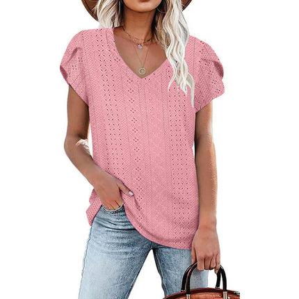 Women's Petal Short Sleeve Shirts V Neck T Shirt Loose Fit Tops