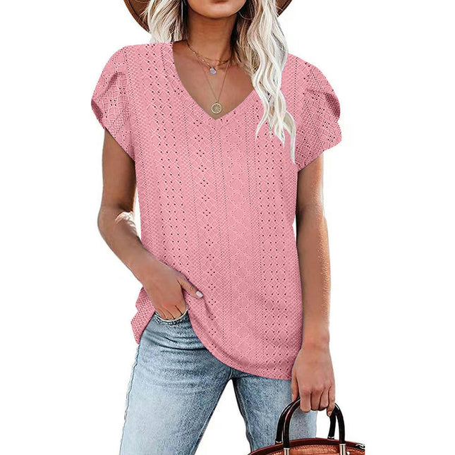 Women's Petal Short Sleeve Shirts V Neck T Shirt Loose Fit Tops