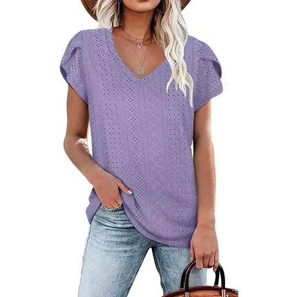 Women's Petal Short Sleeve Shirts V Neck T Shirt Loose Fit Tops