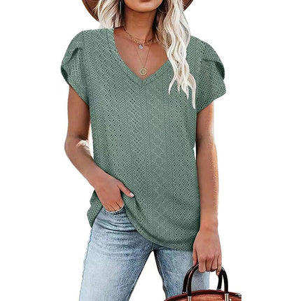 Women's Petal Short Sleeve Shirts V Neck T Shirt Loose Fit Tops