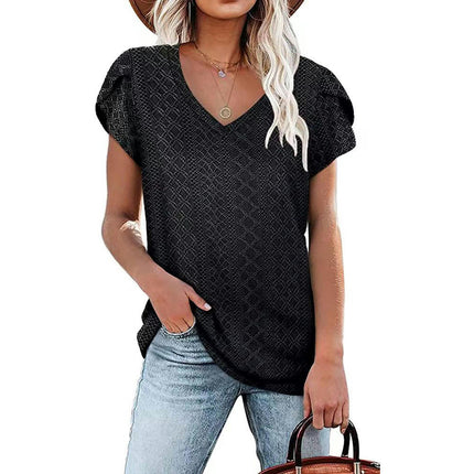 Women's Petal Short Sleeve Shirts V Neck T Shirt Loose Fit Tops