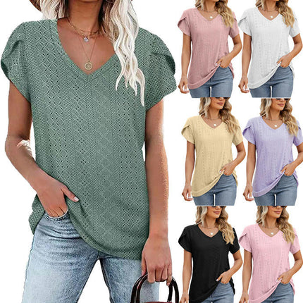 Women's Petal Short Sleeve Shirts V Neck T Shirt Loose Fit Tops