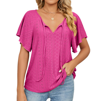 Women's Tops Summer Ruffle Sleeve Tops V Neck Eyelet Tshirts Casual Blouse Model C