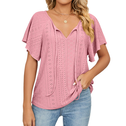 Women's Tops Summer Ruffle Sleeve Tops V Neck Eyelet Tshirts Casual Blouse Model C