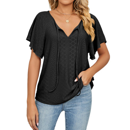 Women's Tops Summer Ruffle Sleeve Tops V Neck Eyelet Tshirts Casual Blouse Model C