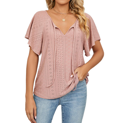 Women's Tops Summer Ruffle Sleeve Tops V Neck Eyelet Tshirts Casual Blouse Model C