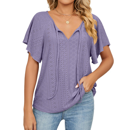 Women's Tops Summer Ruffle Sleeve Tops V Neck Eyelet Tshirts Casual Blouse Model C