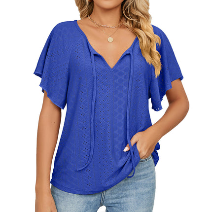 Women's Tops Summer Ruffle Sleeve Tops V Neck Eyelet Tshirts Casual Blouse Model C