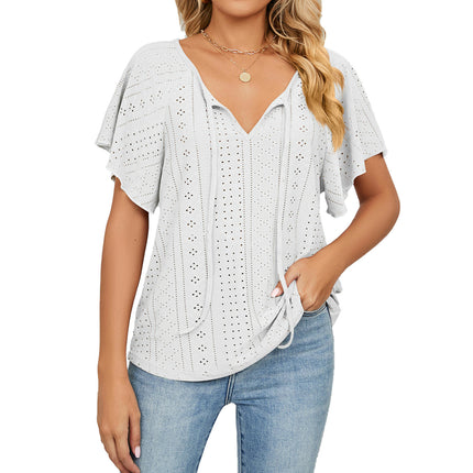 Women's Tops Summer Ruffle Sleeve Tops V Neck Eyelet Tshirts Casual Blouse Model C