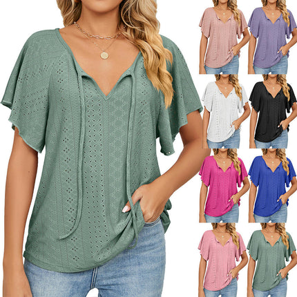 Women's Tops Summer Ruffle Sleeve Tops V Neck Eyelet Tshirts Casual Blouse Model C