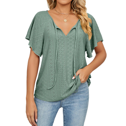 Women's Tops Summer Ruffle Sleeve Tops V Neck Eyelet Tshirts Casual Blouse Model C