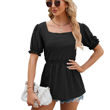 Women's Summer Puff Short Sleeve T-Shirts Square Neck Pleated Tunic Tops