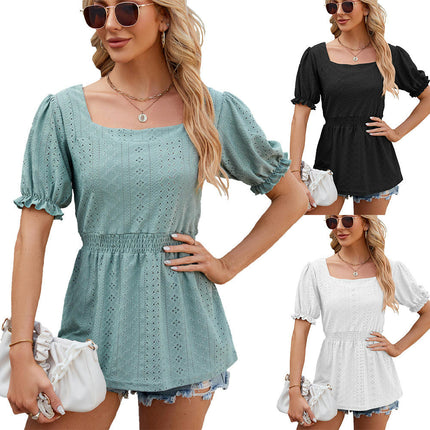 Women's Summer Puff Short Sleeve T-Shirts Square Neck Pleated Tunic Tops