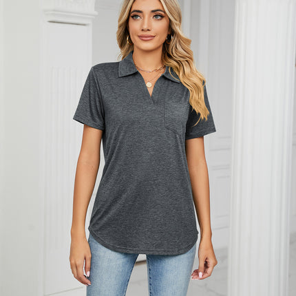 Women's V Neck Polo Shirts Short Sleeve Collared Tops Loose Tunic Blouses with Pocket