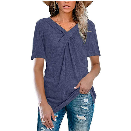 Women's Short Sleeve V Neck T Shirt Front Twist Tunic Tops Casual Loose Tops