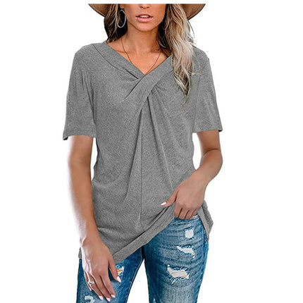 Women's Short Sleeve V Neck T Shirt Front Twist Tunic Tops Casual Loose Tops