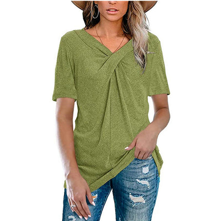 Women's Short Sleeve V Neck T Shirt Front Twist Tunic Tops Casual Loose Tops