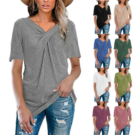 Women's Short Sleeve V Neck T Shirt Front Twist Tunic Tops Casual Loose Tops