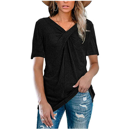 Women's Short Sleeve V Neck T Shirt Front Twist Tunic Tops Casual Loose Tops