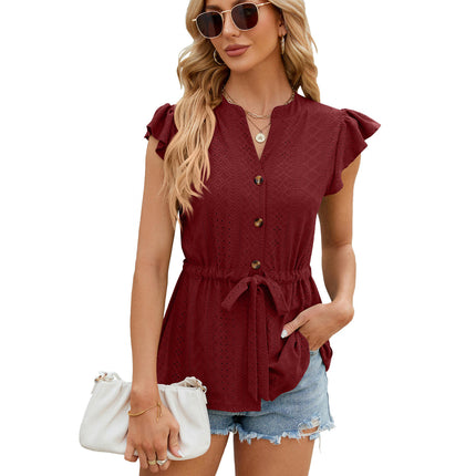 Women's Summer Tops Ruffle Cap Sleeve Button Up Shirts V Neck Tops