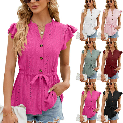 Women's Summer Tops Ruffle Cap Sleeve Button Up Shirts V Neck Tops