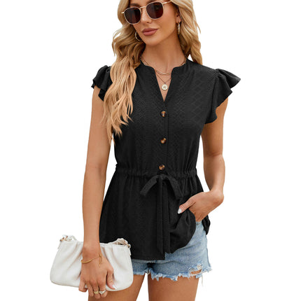 Women's Summer Tops Ruffle Cap Sleeve Button Up Shirts V Neck Tops