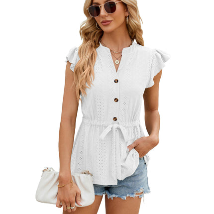 Women's Summer Tops Ruffle Cap Sleeve Button Up Shirts V Neck Tops