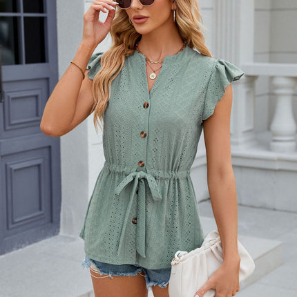 Women's Summer Tops Ruffle Cap Sleeve Button Up Shirts V Neck Tops