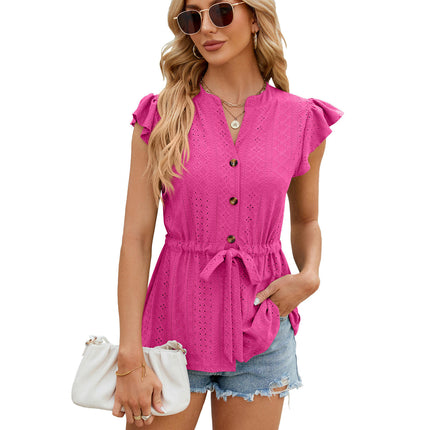 Women's Summer Tops Ruffle Cap Sleeve Button Up Shirts V Neck Tops