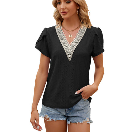 Women's Short Petal Sleeve Shirts Lace V Neck T Shirt Loose Tops