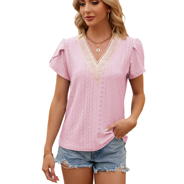 Women's Short Petal Sleeve Shirts Lace V Neck T Shirt Loose Tops